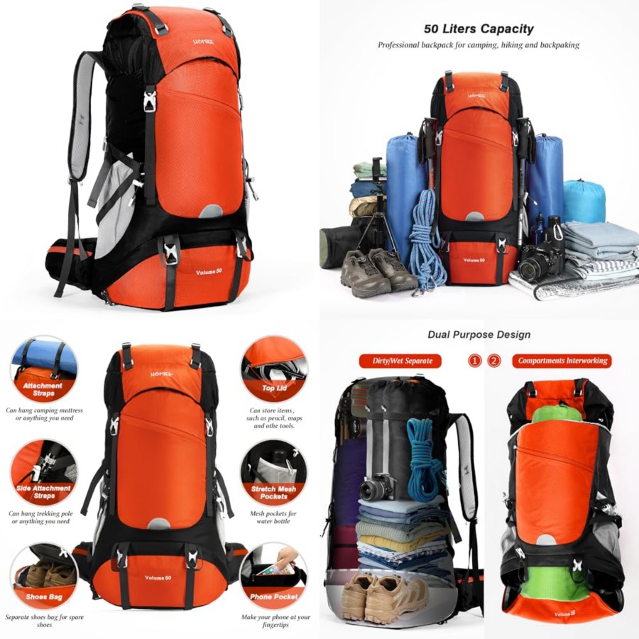 Rain Cover Backpack - 50L Hiking Backpack Travel Bag Waterproof